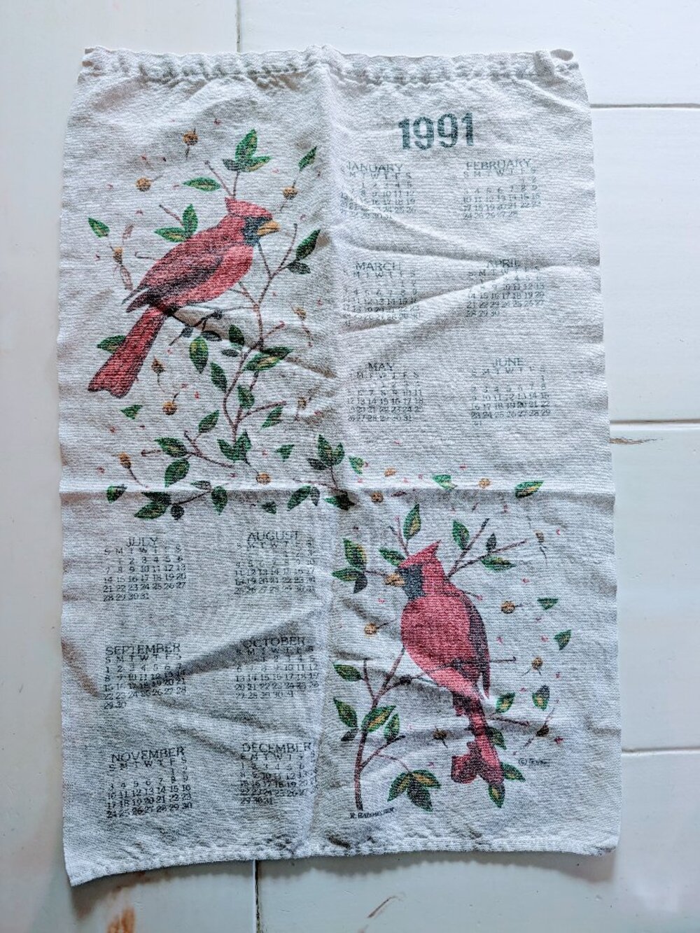 VTG Set of 2 Calendar Tea Towels Linen Cotton 22x15 1991 2009 Cottagecore Farm